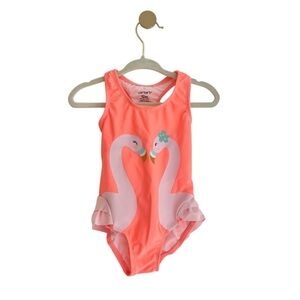 Carter's Coral Peachy Orange Flamingo Swimsuit with Ruffles Baby 12-18 Months